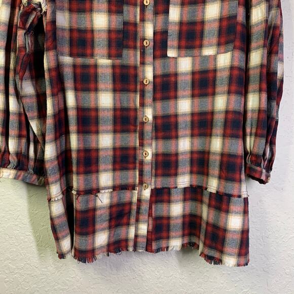 EASEL Shirt Dress Medium Plaid Flannel Drop Shoulder Balloon Sleeve‎ Raw Hem - Picture 6 of 13